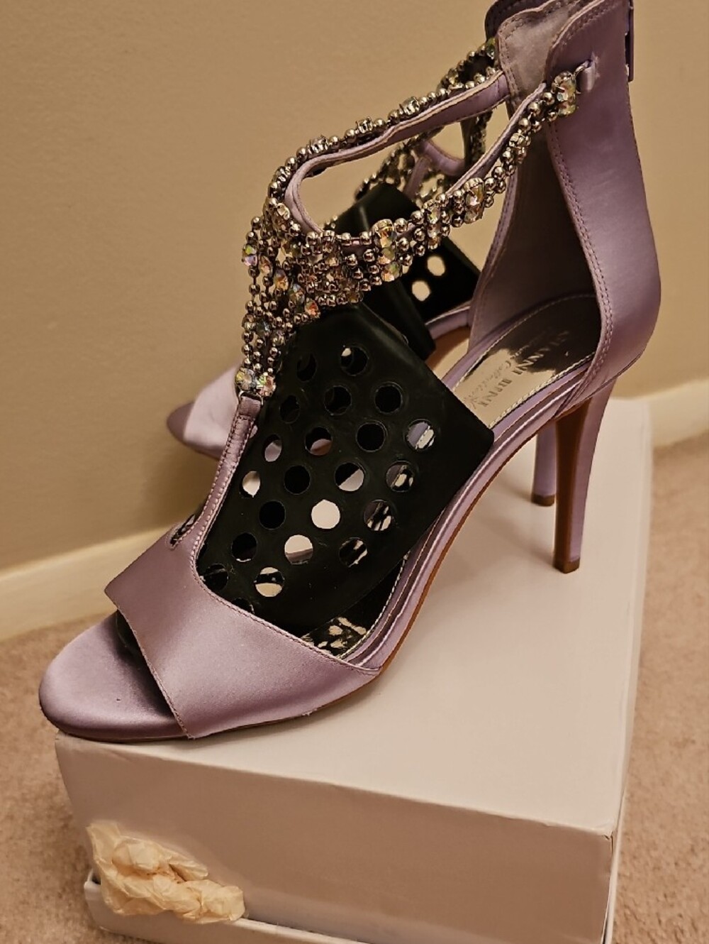 Gianni Bini Lavender Satin Crystal T-Strap Heels - Picture 7 of 7